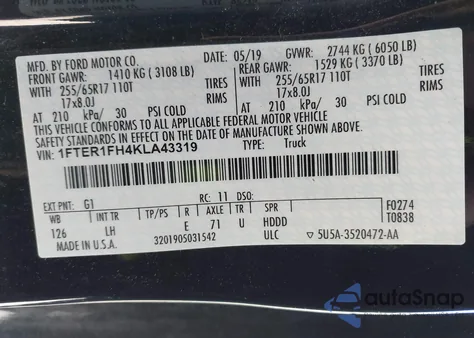 2019 Ford Ranger Xl из США, поврежденный, VIN 1FTER1FH4KLA43319